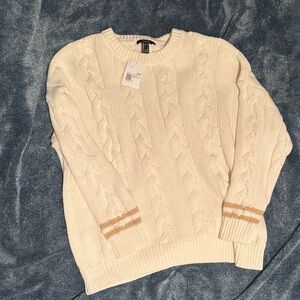Forever 21 Cream Cable Knit Sweater with Tan Stripe Cuffs